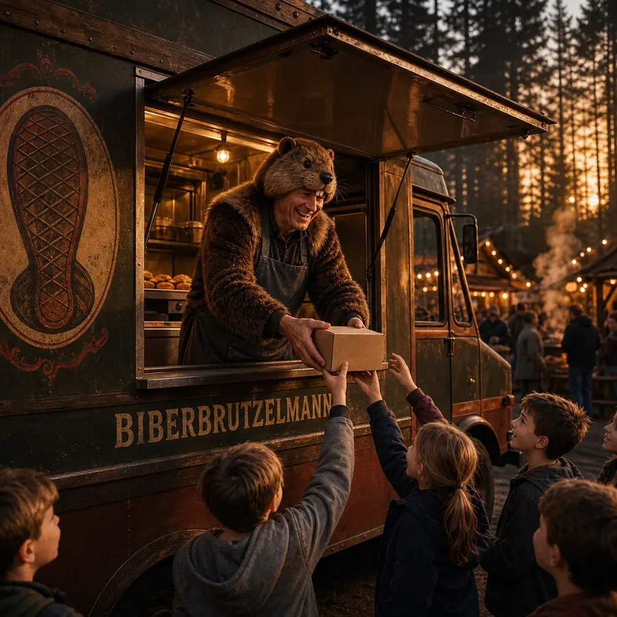 Biber-Maskottchen reicht Kindern eine Box aus dem Foodtruck