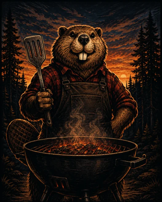 Biber-Maskottchen mit Grillwender vor Abendhimmel